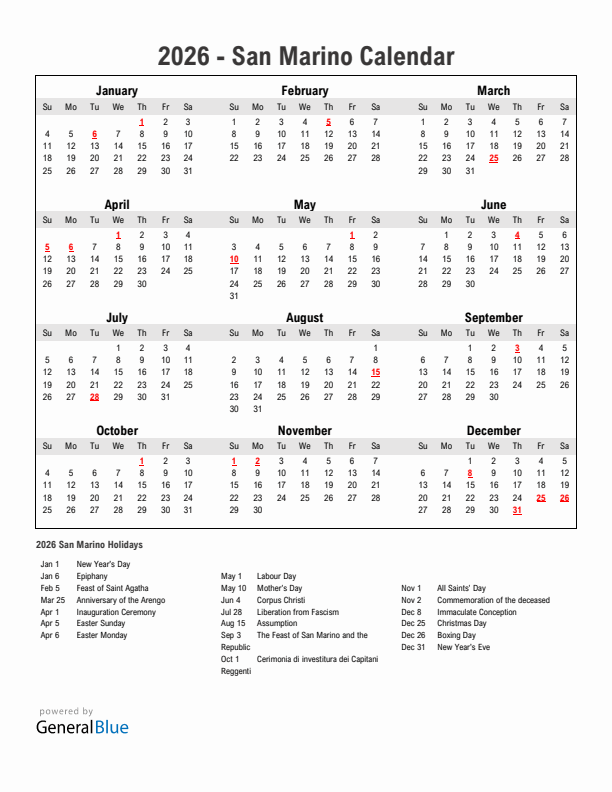 Year 2026 Simple Calendar With Holidays in San Marino