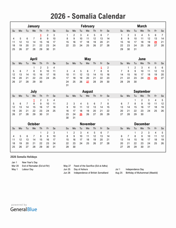 Year 2026 Simple Calendar With Holidays in Somalia