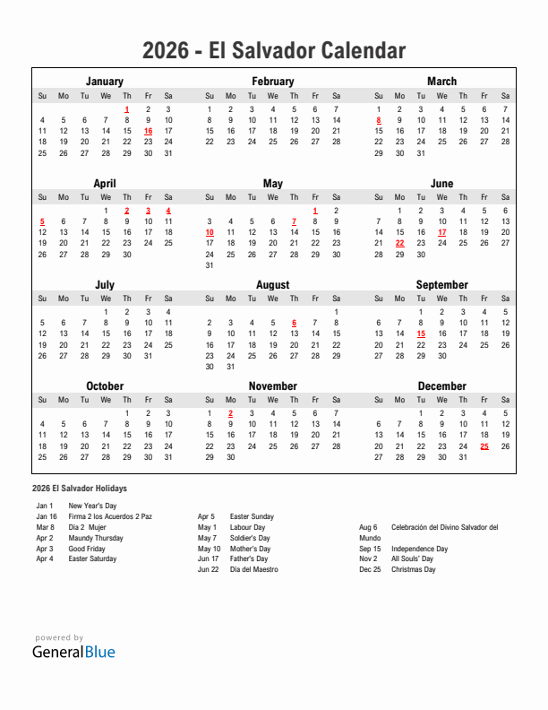 Year 2026 Simple Calendar With Holidays in El Salvador