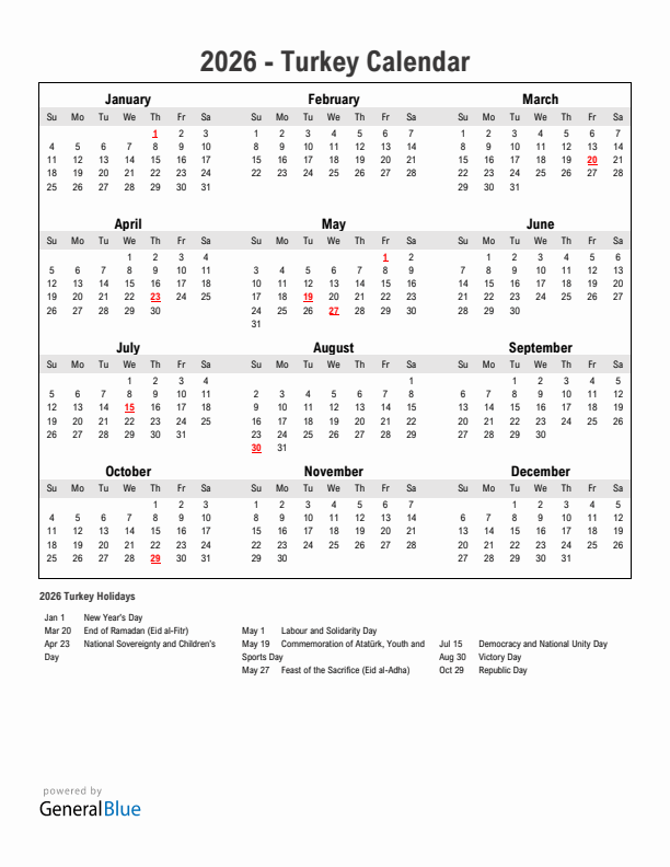 Year 2026 Simple Calendar With Holidays in Turkey