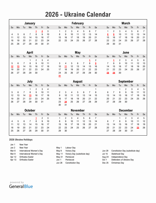 Year 2026 Simple Calendar With Holidays in Ukraine