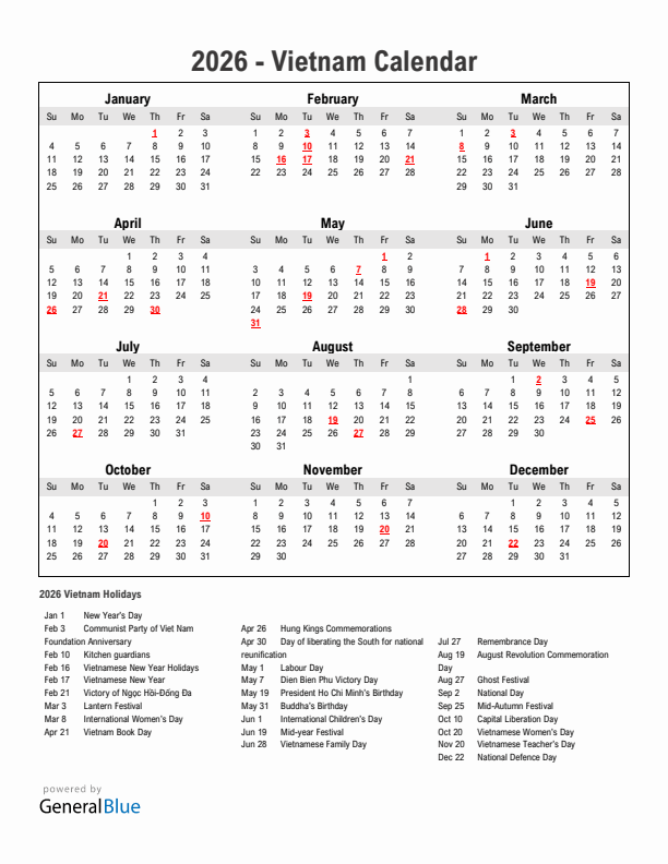 Year 2026 Simple Calendar With Holidays in Vietnam