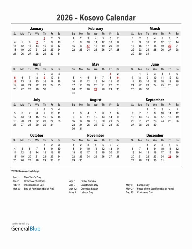 Year 2026 Simple Calendar With Holidays in Kosovo