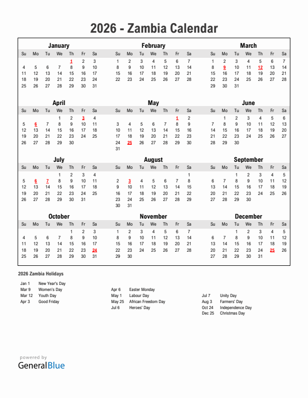 Year 2026 Simple Calendar With Holidays in Zambia