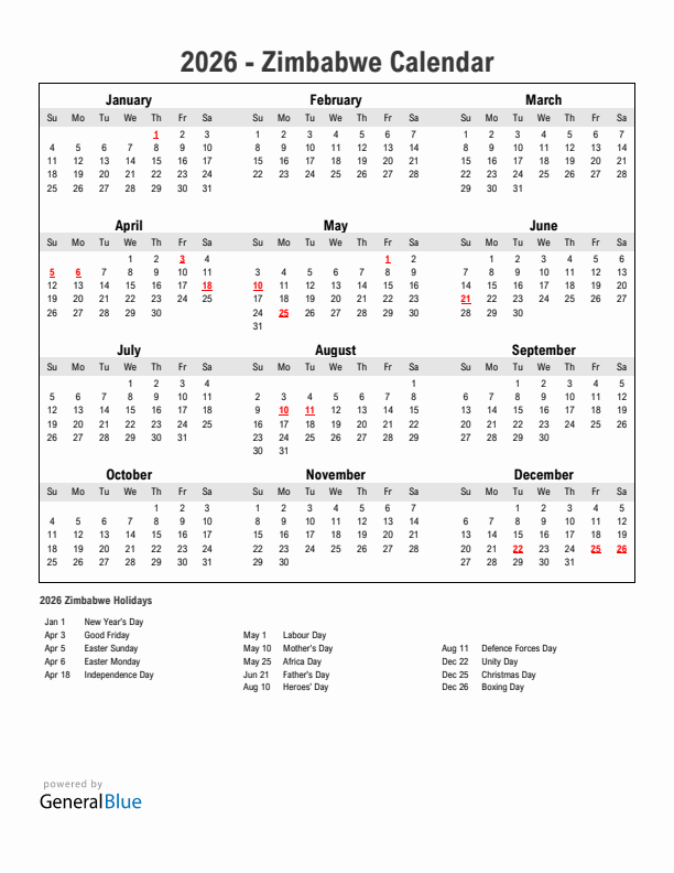 Year 2026 Simple Calendar With Holidays in Zimbabwe