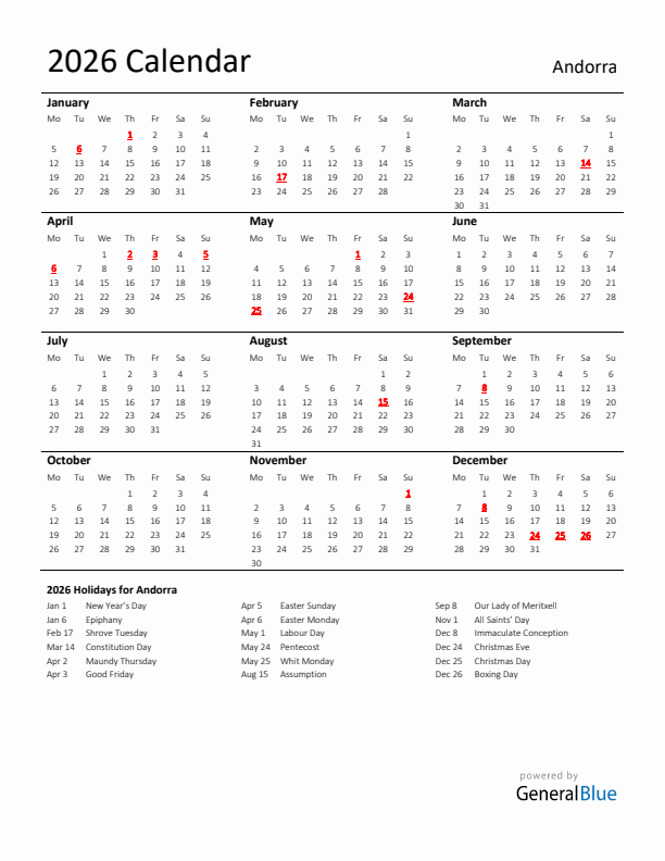 Standard Holiday Calendar for 2026 with Andorra Holidays 