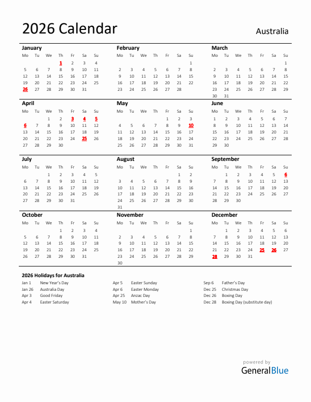 Standard Holiday Calendar for 2026 with Australia Holidays 