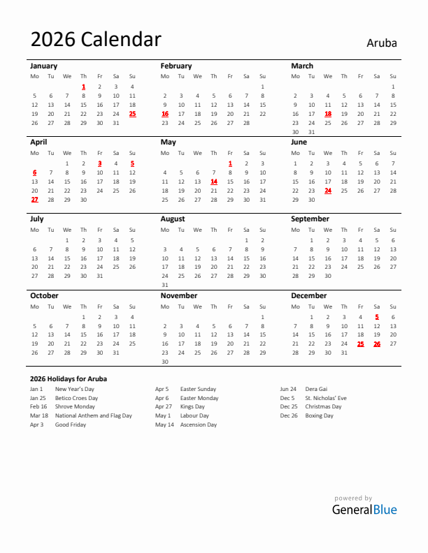 Standard Holiday Calendar for 2026 with Aruba Holidays 