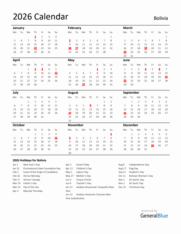 Standard Holiday Calendar for 2026 with Bolivia Holidays 