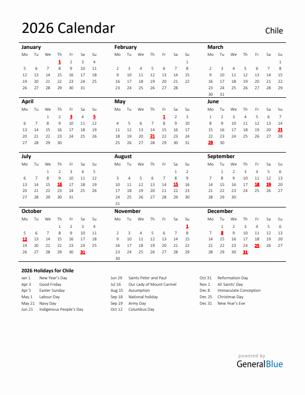 Standard Holiday Calendar for 2026 with Chile Holidays 