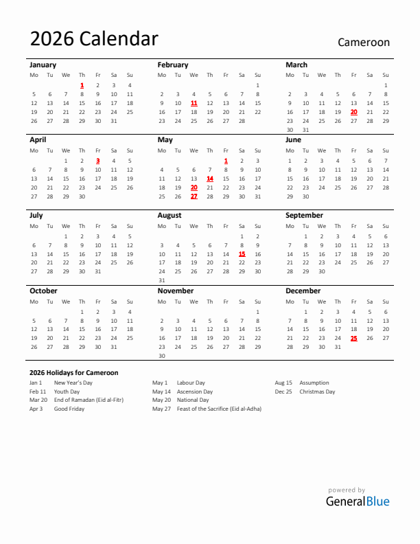 Standard Holiday Calendar for 2026 with Cameroon Holidays 