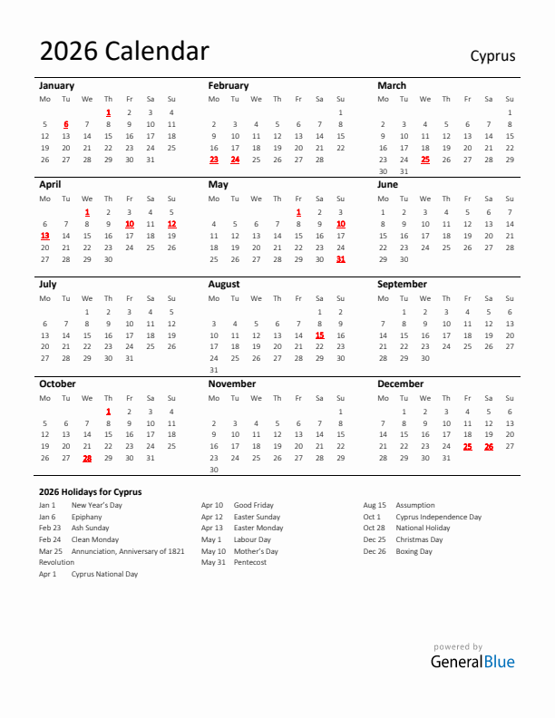 Standard Holiday Calendar for 2026 with Cyprus Holidays 