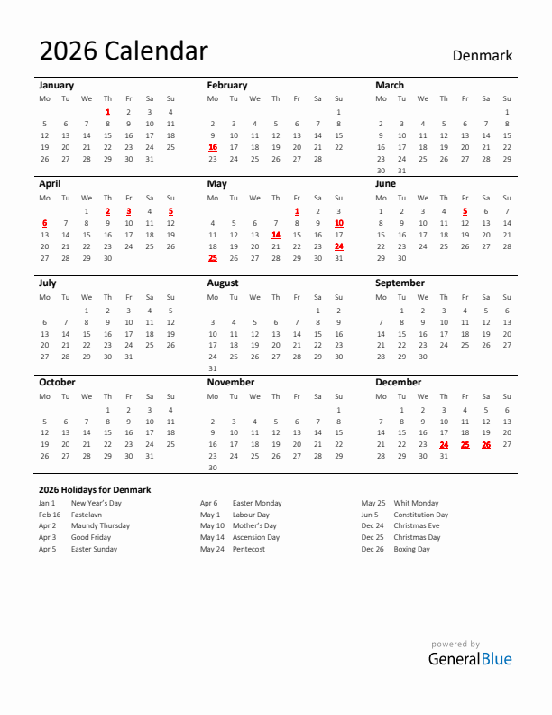 Standard Holiday Calendar for 2026 with Denmark Holidays 