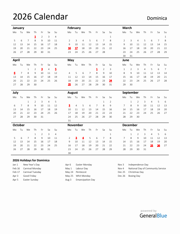 Standard Holiday Calendar for 2026 with Dominica Holidays 