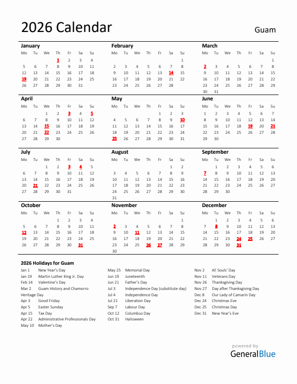 Standard Holiday Calendar for 2026 with Guam Holidays 