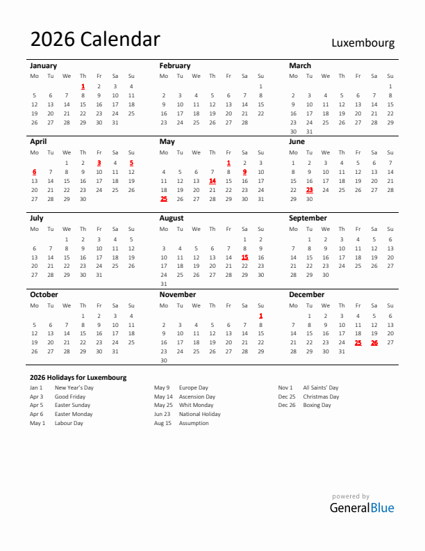 Standard Holiday Calendar for 2026 with Luxembourg Holidays 