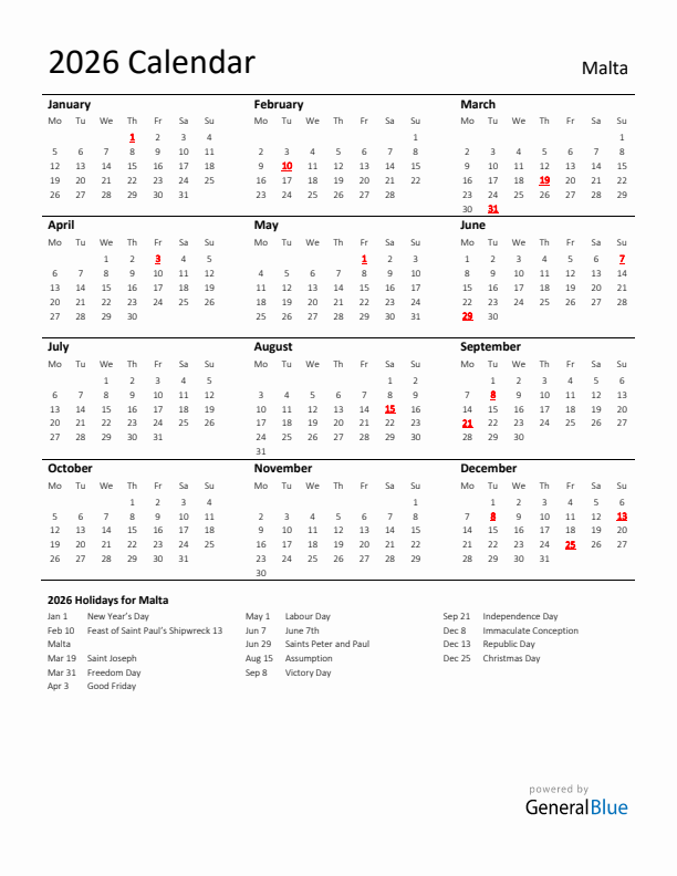 Standard Holiday Calendar for 2026 with Malta Holidays 