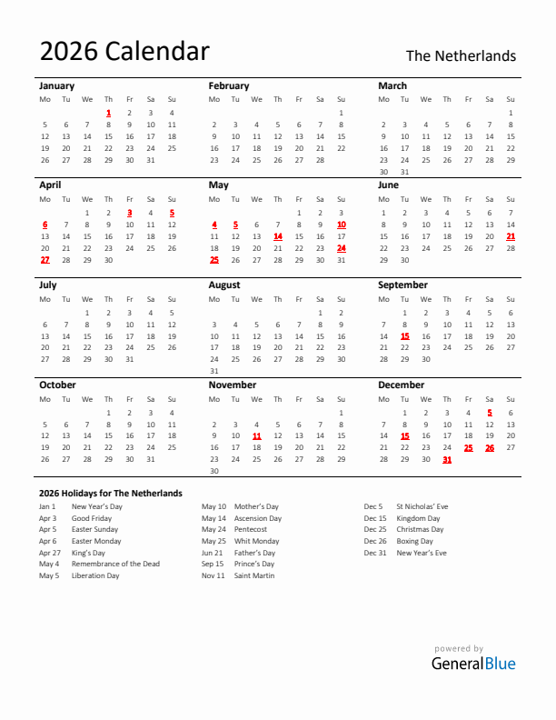 Standard Holiday Calendar for 2026 with The Netherlands Holidays 