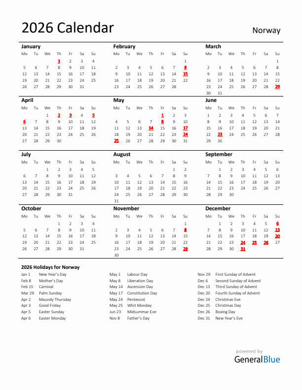 Standard Holiday Calendar for 2026 with Norway Holidays 