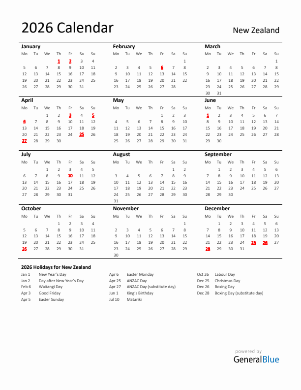 Standard Holiday Calendar for 2026 with New Zealand Holidays 