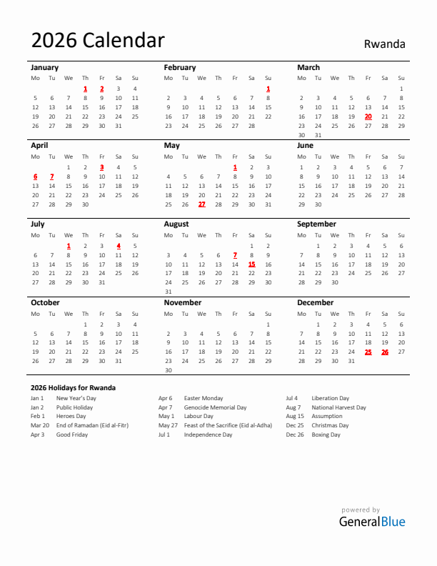 Standard Holiday Calendar for 2026 with Rwanda Holidays 