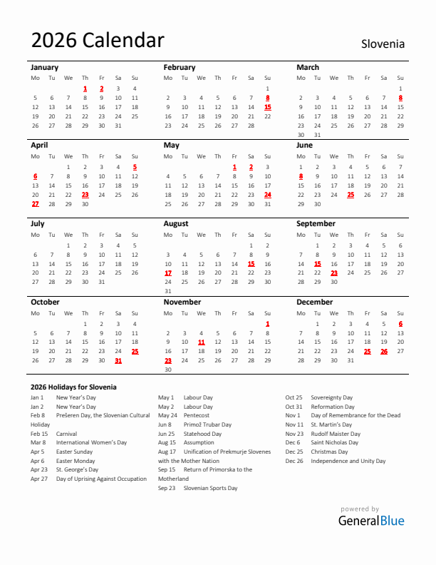 Standard Holiday Calendar for 2026 with Slovenia Holidays 