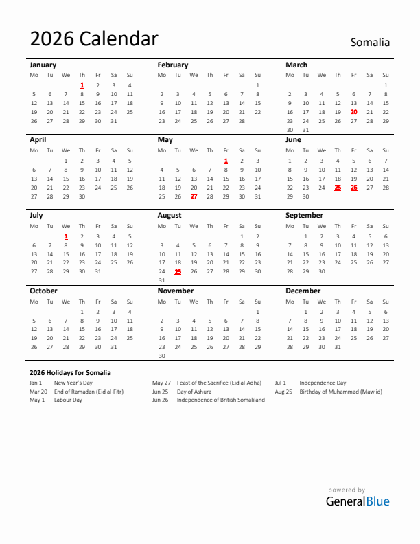 Standard Holiday Calendar for 2026 with Somalia Holidays 