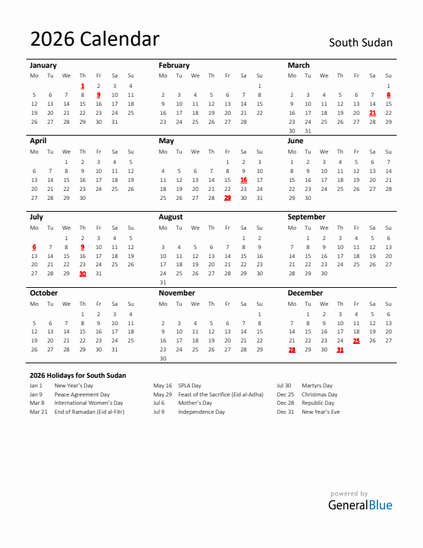 Standard Holiday Calendar for 2026 with South Sudan Holidays 