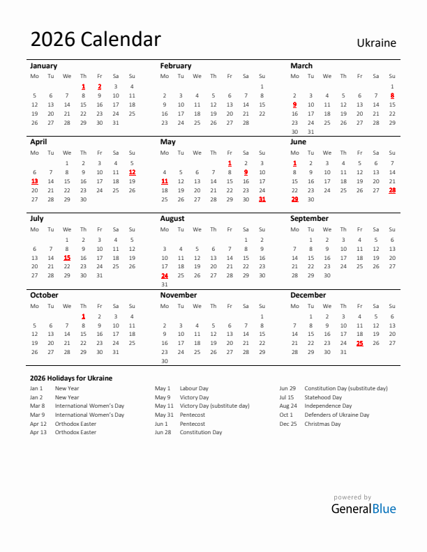 Standard Holiday Calendar for 2026 with Ukraine Holidays 