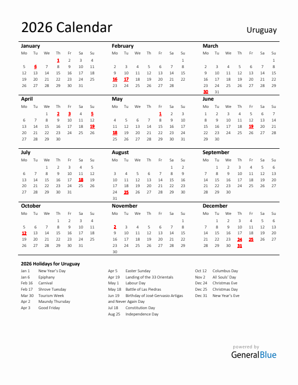 Standard Holiday Calendar for 2026 with Uruguay Holidays 