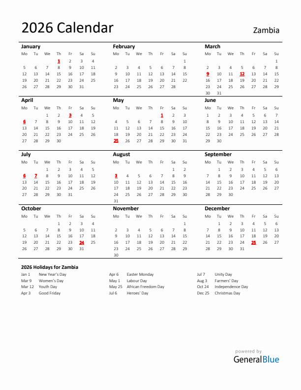 Standard Holiday Calendar for 2026 with Zambia Holidays 