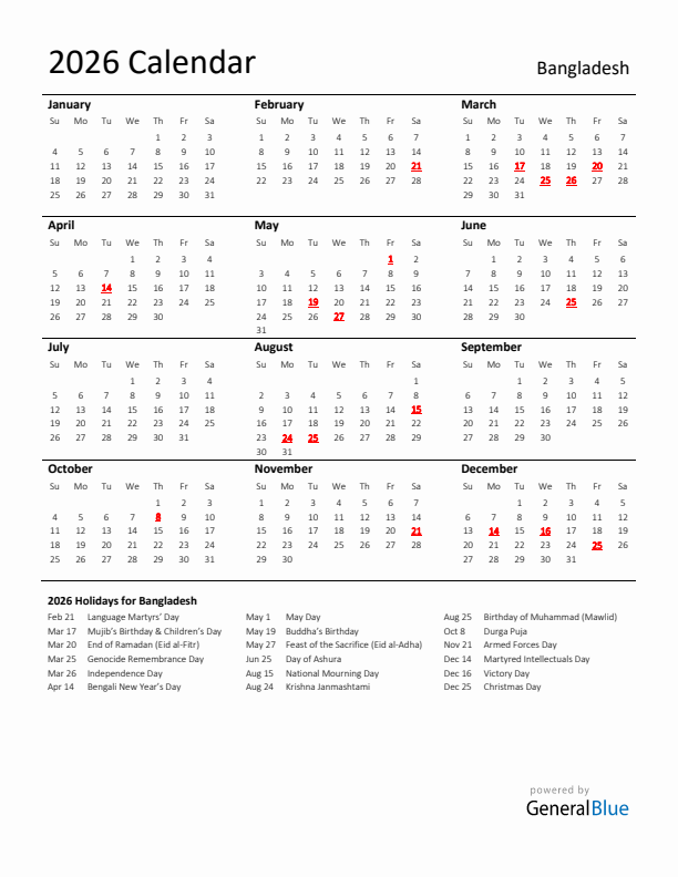 Standard Holiday Calendar for 2026 with Bangladesh Holidays 