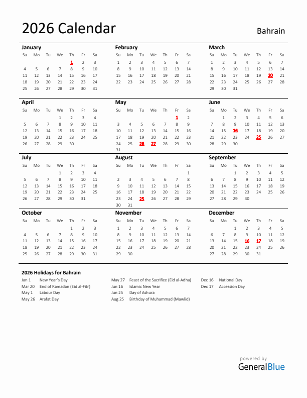 Standard Holiday Calendar for 2026 with Bahrain Holidays 