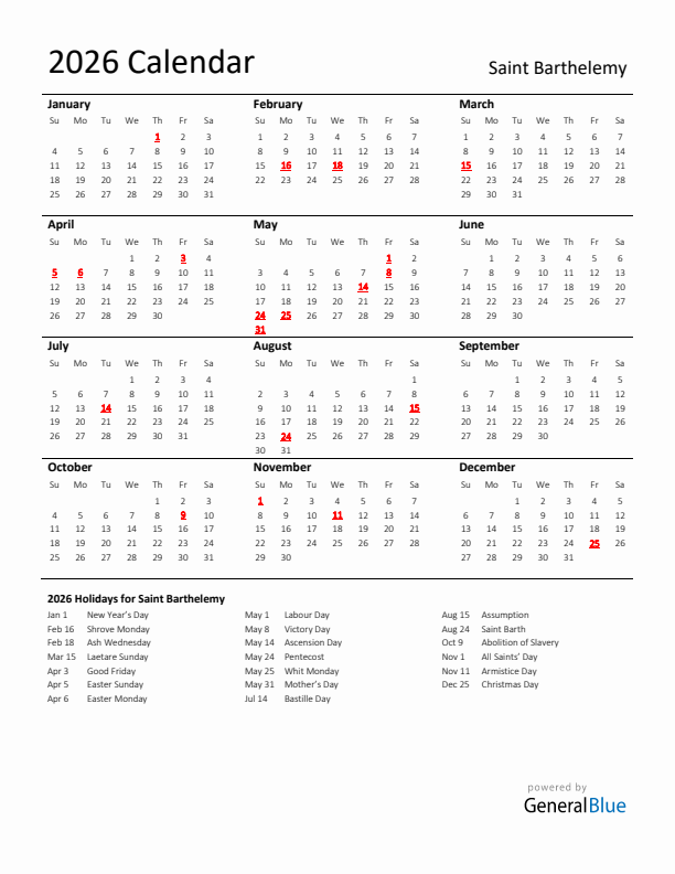 Standard Holiday Calendar for 2026 with Saint Barthelemy Holidays 