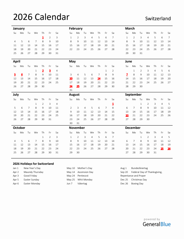 Standard Holiday Calendar for 2026 with Switzerland Holidays 