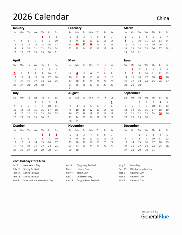 Standard Holiday Calendar for 2026 with China Holidays 