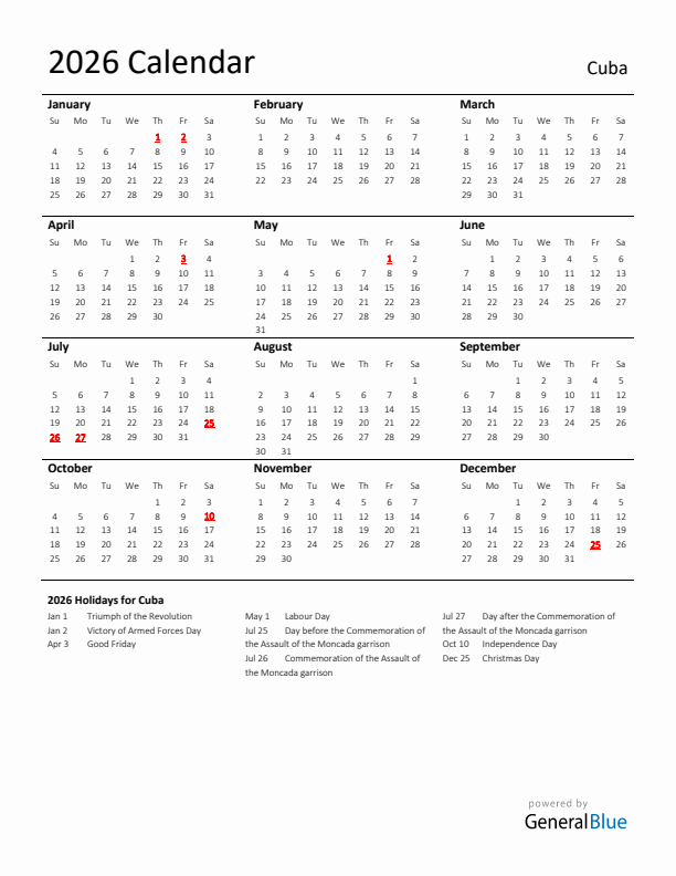 Standard Holiday Calendar for 2026 with Cuba Holidays 