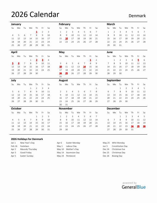 Standard Holiday Calendar for 2026 with Denmark Holidays 