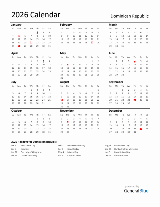 Standard Holiday Calendar for 2026 with Dominican Republic Holidays 