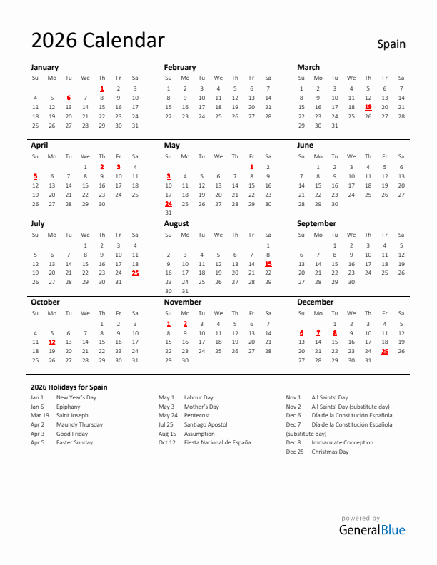 Standard Holiday Calendar for 2026 with Spain Holidays 