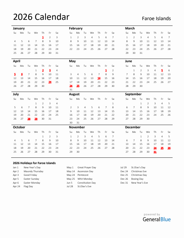 Standard Holiday Calendar for 2026 with Faroe Islands Holidays 