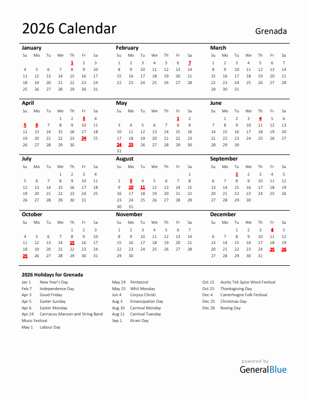 Standard Holiday Calendar for 2026 with Grenada Holidays 