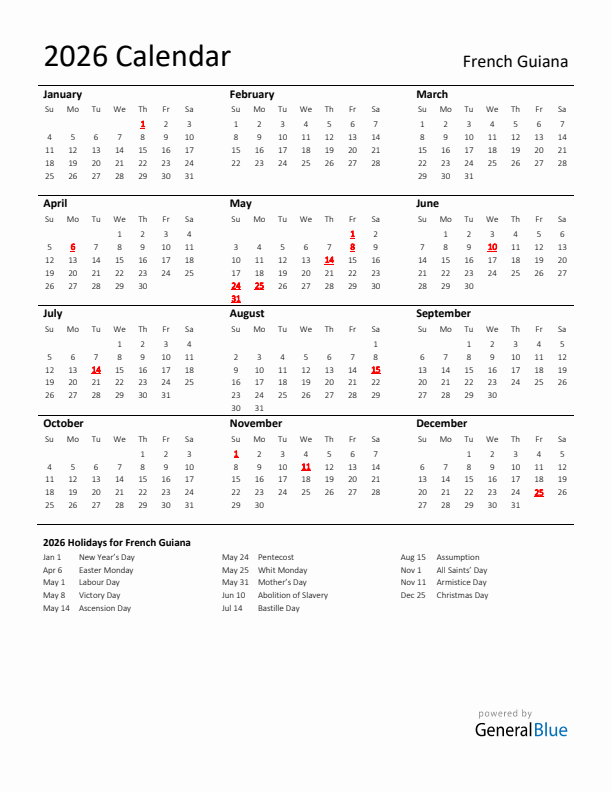 Standard Holiday Calendar for 2026 with French Guiana Holidays 