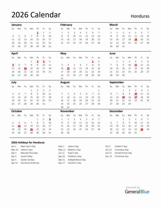 Standard Holiday Calendar for 2026 with Honduras Holidays 