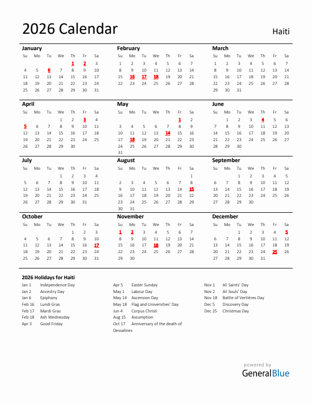 Standard Holiday Calendar for 2026 with Haiti Holidays 