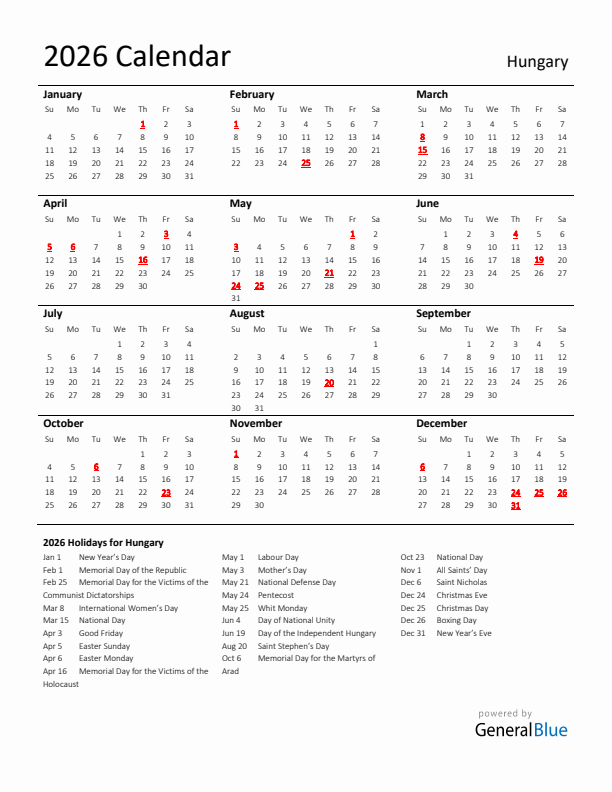 Standard Holiday Calendar for 2026 with Hungary Holidays 