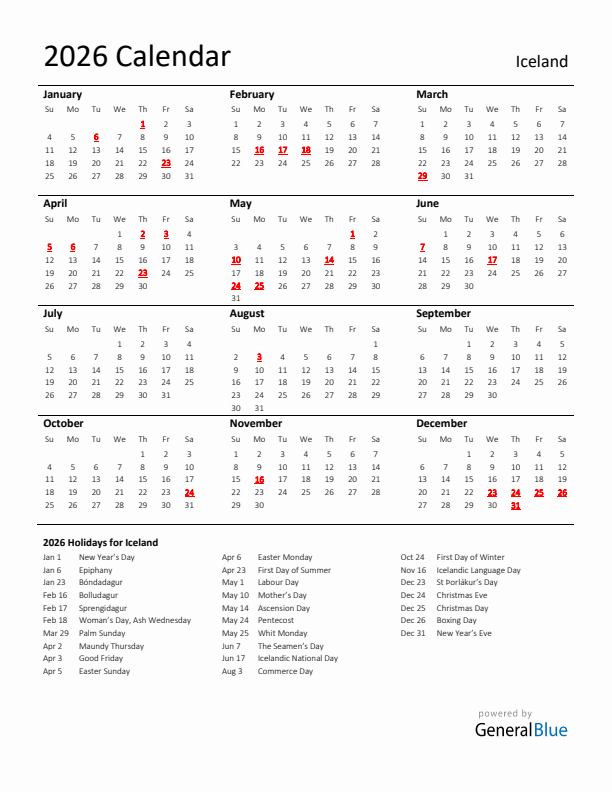 Standard Holiday Calendar for 2026 with Iceland Holidays 