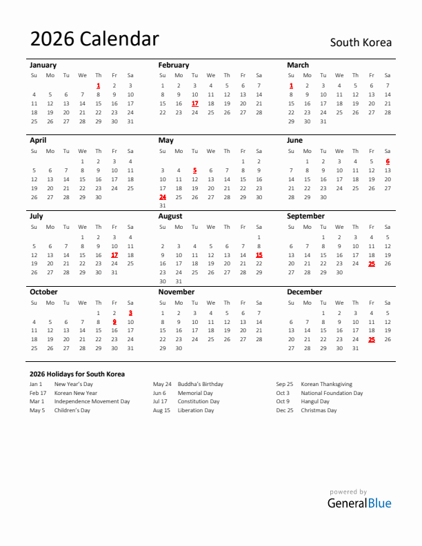 Standard Holiday Calendar for 2026 with South Korea Holidays 