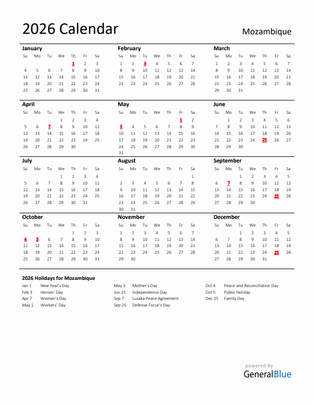 Standard Holiday Calendar for 2026 with Mozambique Holidays 