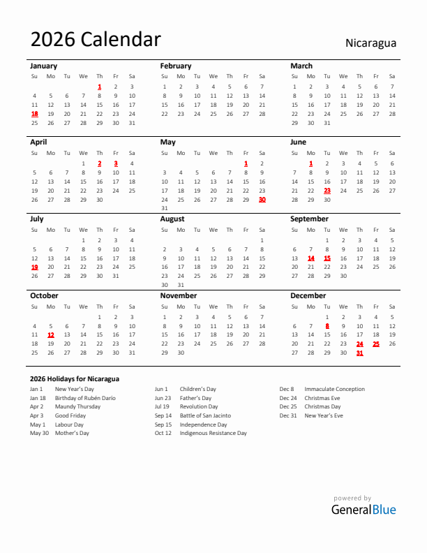 Standard Holiday Calendar for 2026 with Nicaragua Holidays 